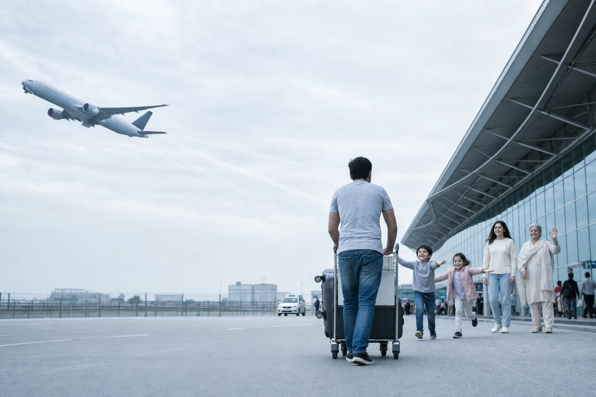 An overcast early-morning airport forecourt: a traveller seen from behind pushing a luggage trolley, his family greeting him on the right with two children running towards him, and a large airliner climbing away against a soft grey sky on the left.